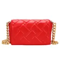 Red quilted PU leather square shoulder bag with chunky gold chain strap and stitching - Red