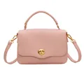 Pink lychee grain leather crossbody bag with top handle and gold oval turn-lock closure - Pink