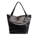 Black PU leather punk tote bag with silver metal studs and large capacity handles - Black