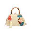 Retro Chinese crane print handbag with bamboo handle and detachable chain strap - White