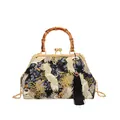 Vintage black crossbody bag with white crane print, bamboo handles and gold metal chain - Black