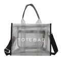 Silver metallic grid tote bag with black strap and white TOTE BAG lettering text - Black