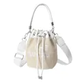Minimalist straw bucket bag in white leather trim featuring embroidered text logo - White