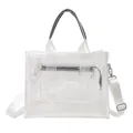White mesh tote bag with TOTE BAG lettering and adjustable crossbody shoulder strap - White