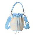 Blue and beige woven straw bucket bag with embroidery and blue leather straps - Blue