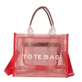Transparent red mesh tote bag with TOTE BAG print and matching inner zipper pouch - Red