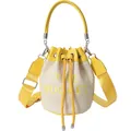 Yellow and beige straw bucket bag with THE BUCKET embroidery and woven strap - Yellow