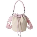 Pink and beige straw bucket bag with THE BUCKET embroidery and woven strap - Pink