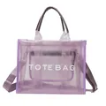 Purple transparent mesh tote bag with white TOTE BAG print and purple shoulder strap - Purple
