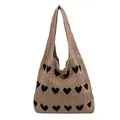 Khaki cable knit tote bag with black heart patterns and wide shoulder straps - Khaki