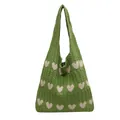 Knitted grass green tote bag with cream heart pattern and textured cable knit design - Green