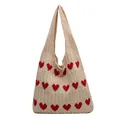 Beige knit tote bag with red heart pattern and soft textured shoulder strap - Off White