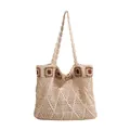 Bohemian crochet knit tote bag with floral patterns and hollow mesh for summer beach style - Off White