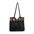 Black mesh crochet tote bag with sunflower pattern and shoulder straps for women - Black