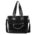 Black punk style tote bag with silver metal studs and decorative chain details - Black Style