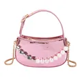 Pink pearl-beaded mini handbag with glossy finish and golden chain crossbody strap - Pink