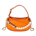 Chic orange metallic mini bag with pearl and heart beads and a golden chain strap - Orange