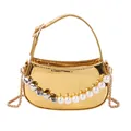 Metallic gold crescent handbag with elegant pearl and heart bead chain decoration - Gold
