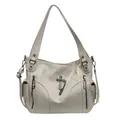 Sac cabas beige en cuir litchi avec pendentif croix et poches zippées verticales - Blanc
