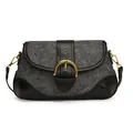 Grey denim shoulder bag with black leather trim and vintage golden buckle detail - Black