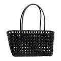 Bolso tote de tejido negro brillante con patrón de rejilla y doble asa larga - Negro
