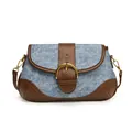 Retro denim underarm bag in blue wash with brown leather trim and golden buckle - Coffee