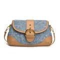 Retro denim underarm bag with blue fabric and brown leather trim featuring a large gold buckle - Dark Blue & Khaki