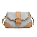 Retro light blue denim and brown leather patchwork shoulder bag with gold buckle - Light Blue / Khaki