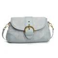 Light blue denim underarm bag with smooth leather trim and large gold ring buckle - Blue