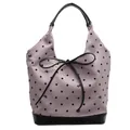 Lavender polka dot tote bag with black bow and leather handles for casual styling - Pink Polka Dot Bow Large