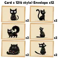 Set di 12 simpatici biglietti di Natale con gatto nero, luci festive e buste in kraft - Stile Illustrazione Gatto Nero (QT1659-2)