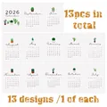 Detailoverzicht van 13-delige kalenderkaarten 2026 met minimalistische cactusillustraties - Cactus En Succulenten Illustratiestijl (QT1661-1)