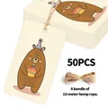 Detailed set of 50 bear birthday tags with 10-meter hemp rope for DIY gift wrapping - Bear with Party Hat and Cake Style (QT1690)