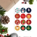 Detailed view of 12 round Christmas stickers with Santa and reindeer on gift packaging - Classic Christmas Characters Theme (4)