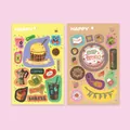 Détail de deux planches d'autocollants avec motifs de café et gâteaux d'anniversaire dessinés - Style HAPPY