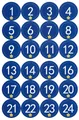 Blue round Christmas countdown stickers with white numbers 1-24 and yellow stars - Blue Starry Night Style (2)