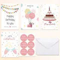 Cute cartoon birthday greeting card set with stickers and envelopes in pink pastel tones - Cards Stickers And Envelopes