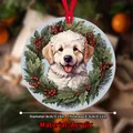 Weihnachtsanhänger Welpe aus Acryl mit roter Schleife, 8cm runder Weihnachtsschmuck - Weißer Welpe Stil (QT707-1)
