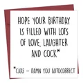 Detailansicht der lustigen Geburtstagskarte mit rotem Umschlag und Humor-Text - Autocorrect Humorvoller Stil (QT723-2)