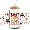 Vaso de vidrio de 16oz con tapa de bambú y pajita, diseño gráfico de café Mom Life - Estilo First Coffee Then Mom (QT726-1)