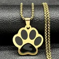 Cute gold paw print pendant necklace with black enamel inlay on a black leather background - Box Chain / Gold B (Black Paw)