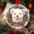 Weihnachtlicher Acryl-Anhänger mit süßem Hund, Stechpalmen-Dekor und rotem Satinband - Kleiner weißer Hund Stil (QT707-3)