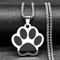 Minimalist silver steel pet paw pendant with black enamel on textured black leather - Bead Chain / Silver B (Black Paw)