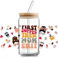 16oz Glasbecher mit Bambusdeckel und Strohhalm mit First Coffee Then Mom Shit Aufkleber - Leopard Kaffee Slogan Stil (QT726-1)
