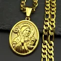 Vintage gold Saint Benedict oval pendant necklace with stainless steel Figaro chain - Gold