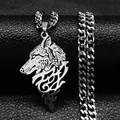 Viking wolf head pendant necklace with stainless steel Cuban chain on black leather - 50cm / Silver