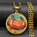 Detail of a gold rugby watercolor glass dome pendant on a metallic cuban chain - 60CM / Gold