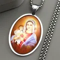 Oval Virgin Mary pendant necklace with silver chain and religious colorful art portrait - Silver
