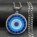 Detailed macro view of the blue Evil Eye pendant on a silver-toned Cuban chain necklace - 60CM / Silver