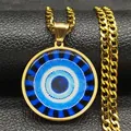 Detailed macro shot of a golden Evil Eye pendant on a thick Cuban chain over black leather - 60CM / Gold